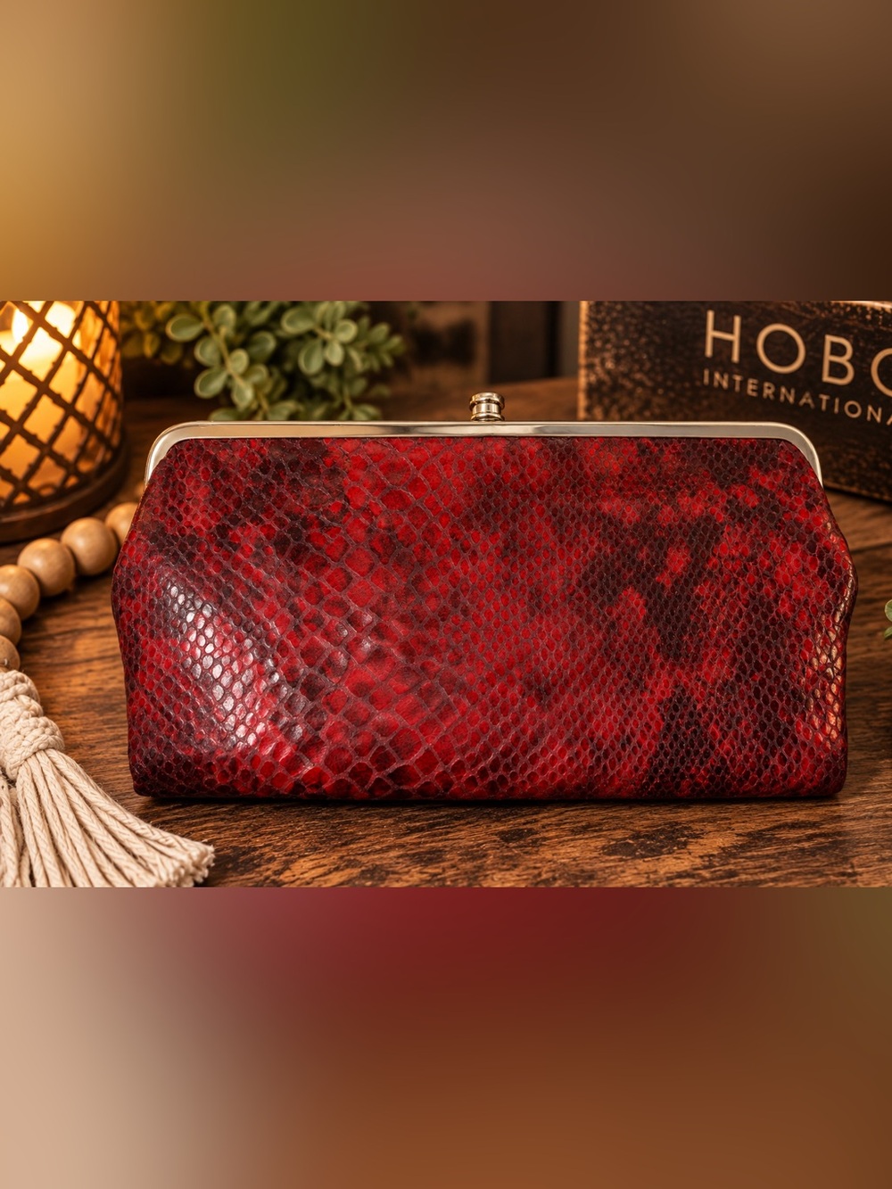 HOBO International Red Snakeskin Embossed Leather Frame Clutch Wallet